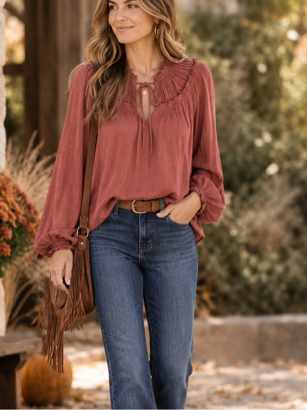 EVEREVE Pleated Ruffle Neck Tie Front Blouse Rust Terracotta Boho Medium